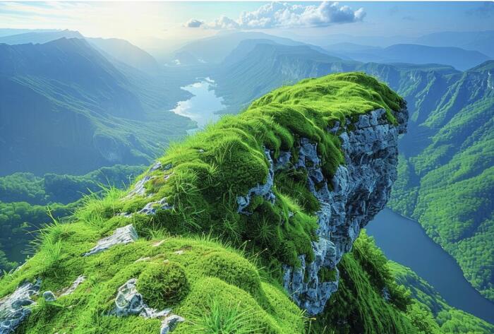 A mossy green summit overlooking a winding river valley