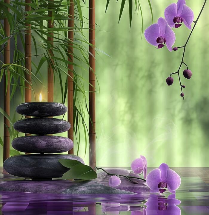 Stacked smooth stones beside orchids and bamboo reflected in still water